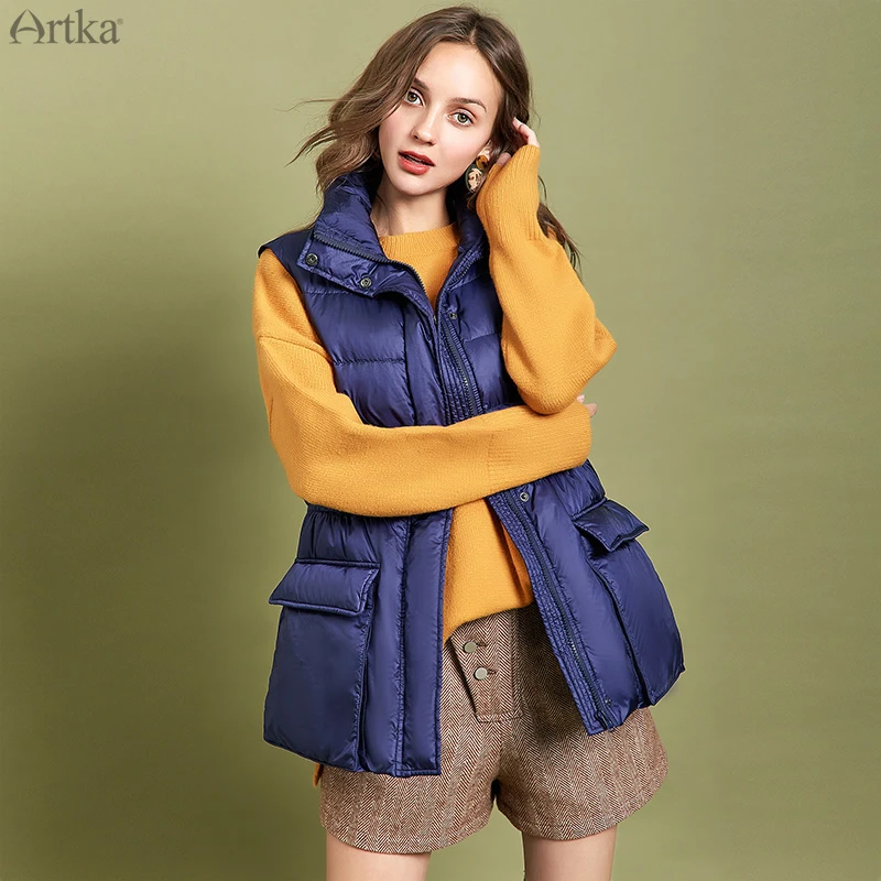 

Женский Длинный жилет на утином пуху ARTKA, повседневный теплый жилет на 80% с поясом, ZK10590Q, для зимы, 2019