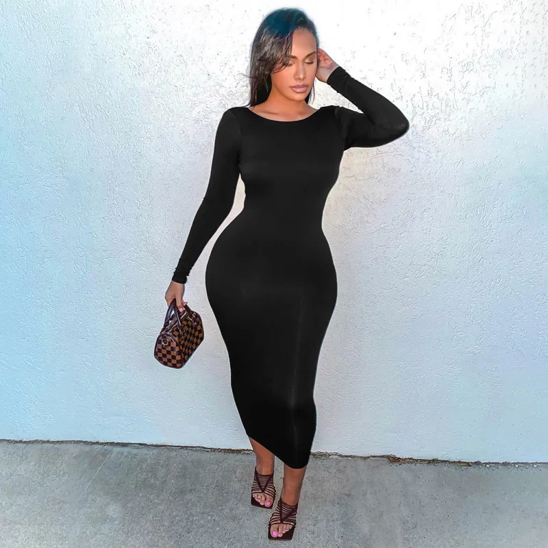 Cryptographic 2021 Spring Sexy Backless Midi Dresses Bodycon Elegant Evening Club Party Birthday Brown Long Sleeve Dress Women