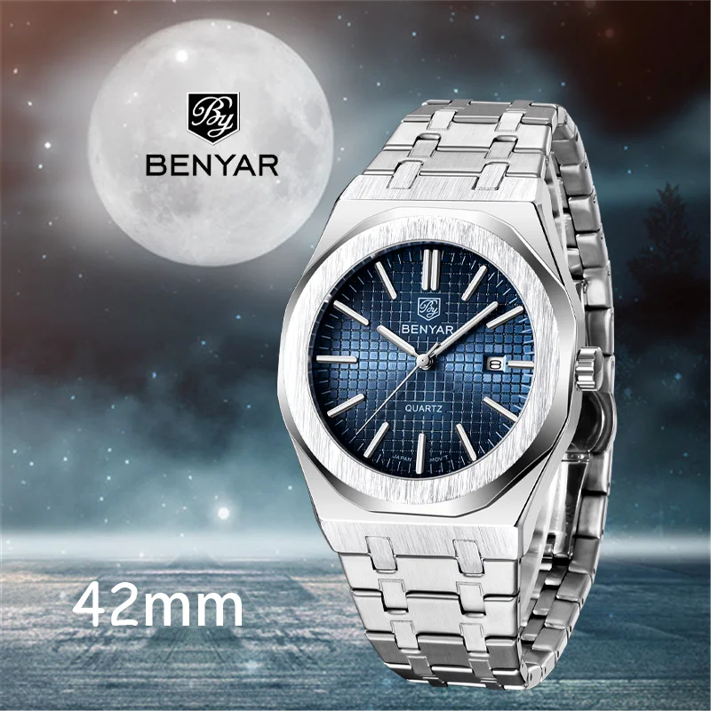 

BENYAR brand 2021 42mm stainless steel high-strengthening glass night light pointer quartz wrist ас мђѬжские наѬђне