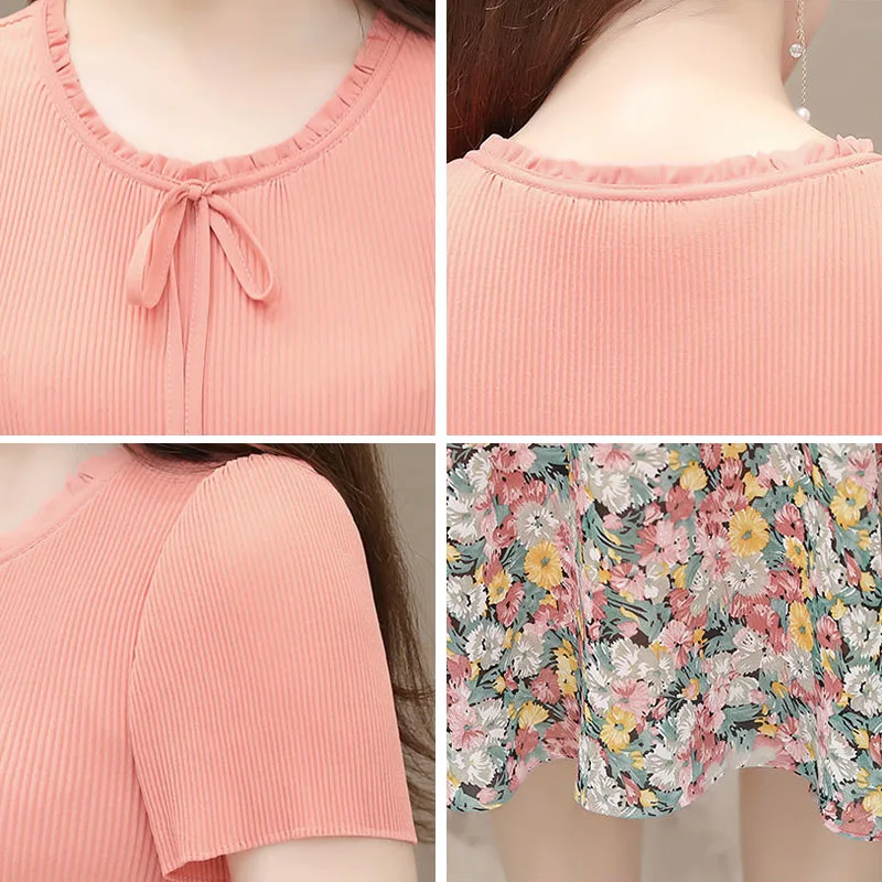

Fake-Two Floral Print Dress Women summer Plus Size Loose Short Sleeve Chiffon Dress Casual Loose Mid-Length Patchwork Dresses