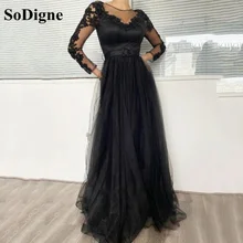 SoDigne Elegant Black Tulle Prom Dresses Long Sleeves Formal Women Dress With belt Evening Gowns 2022 Vestido de fiesta (1)