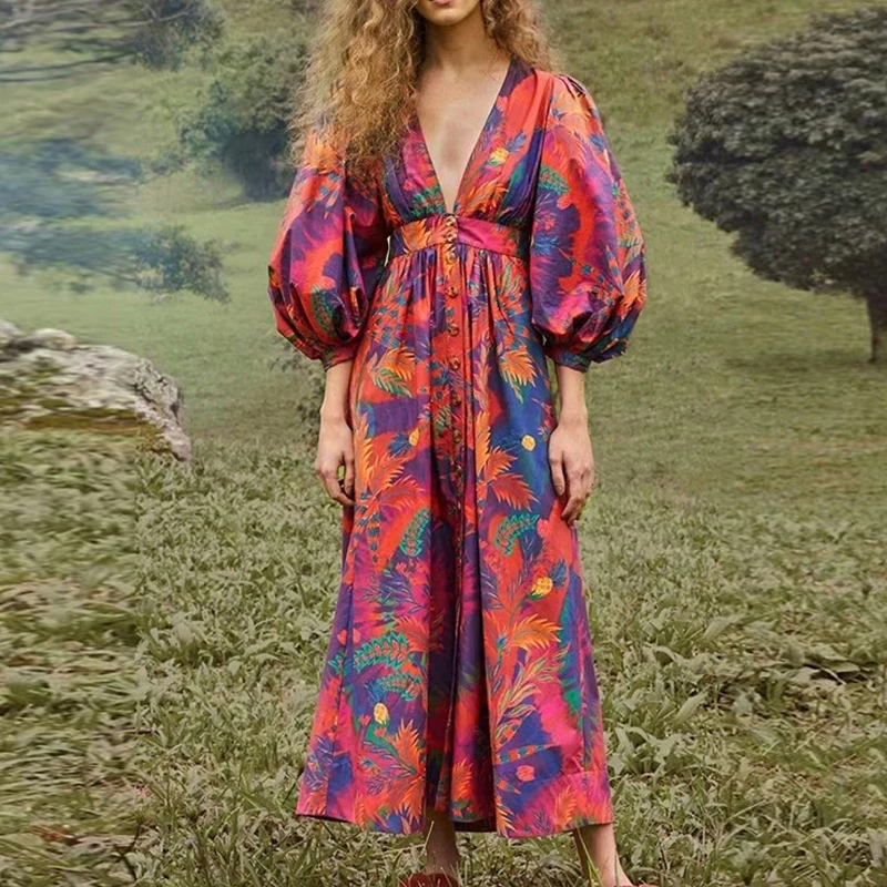 

Fashion Designer 2022 Spring Long Dress Women Fashion Flowers Printed Single Breasted Lantern Sleeve Holiday Party Dresses