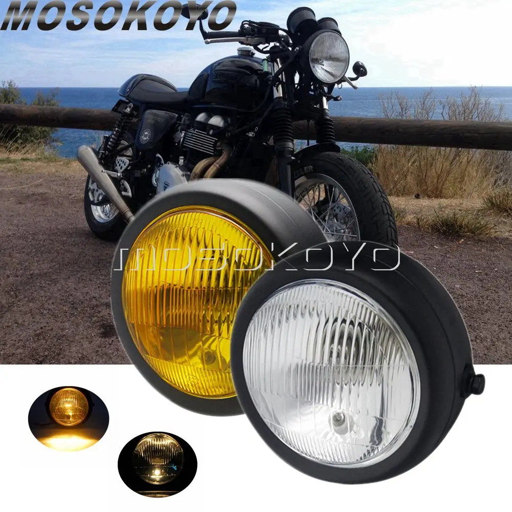 

Custom Motorcycle Headlight Black Retro Halogen Front Light Yellow/Clear Lens Cafe Racer Lighting Modified Motorbike Head Lamp