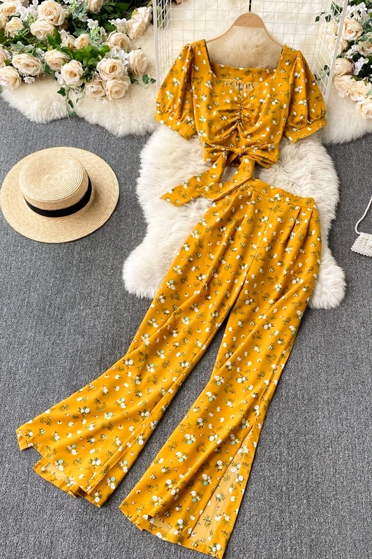 

Early Spring Suit 2021 New Women's Design Slimming Pleased Short Top Split Wide Leg Pants Two Pieces Set