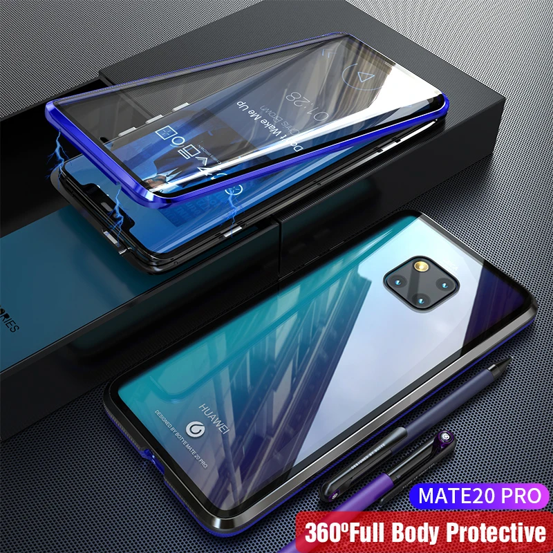 Black Blue Передний и задний стеклянный Магнитный чехол для huawei mate 20 Pro, чехол 360, прозрачный жесткий чехол для huawei mate 20Pro, чехол mate 20Pro - Цвет: Black Blue