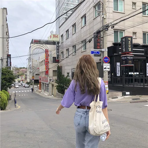 

Simple Chinese letter purple causal college wind printed 2018 new light short sleeve cotton female tees
