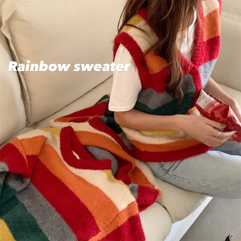 

Rainbow Stripe Knitted Sweater for Women Elegant Korean O Neck Long Sleeve Casual Loose Sweater Top 2020 Autumn Winter