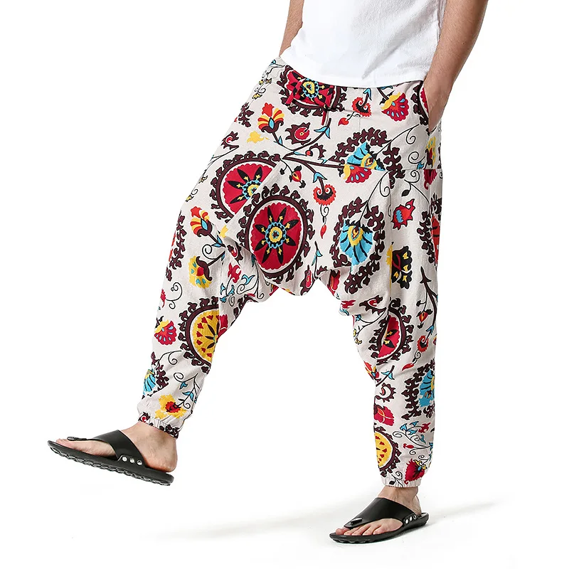 

2021 Men's and Women's Cotton Loose Bohemian Pants Hanging Crotch Pants Flying Rat Pants Men's Casual Fashion Print Pants