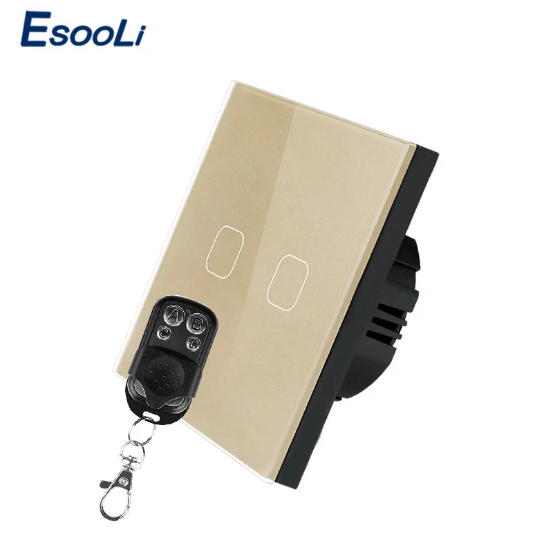 Esooli Smart Home Golden 2 Gang 1 Way Wireless Remote Control Touch Switch LED light Wall Light With Crystal Glass Panel | Обустройство