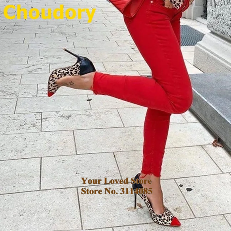 Пикантные леопардовые замшевые Лоскутные туфли Choudory на высоком каблуке черные