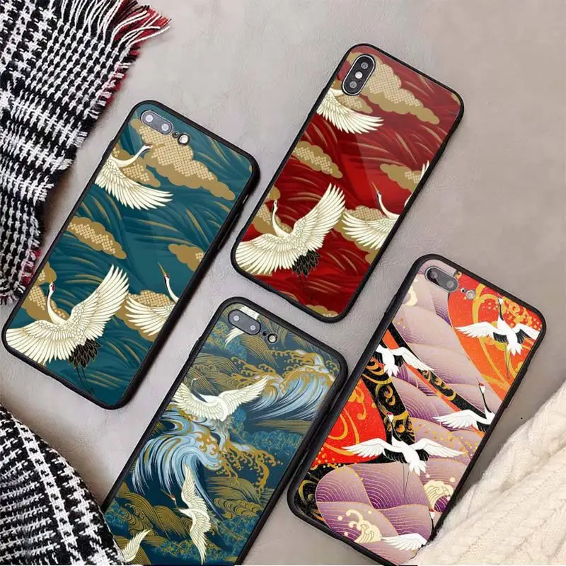 

Bird Crane Chinese style art painting Phone Case Tempered glass For iphone 6 7 8 plus X XS XR 11 12 13 PRO MAX mini