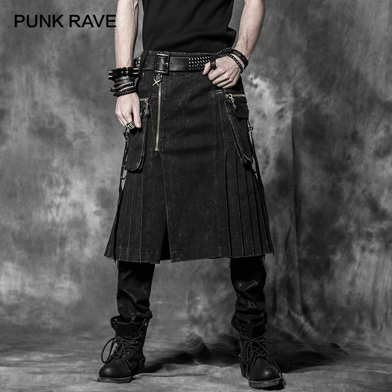Kopen PUNK RAVE Gothic Nieuwe Rock Mens Persoonlijkheid Zwarte Rok Broek Mode Populaire Metalen Rits Zak Decoratie Dark Twill Rokken