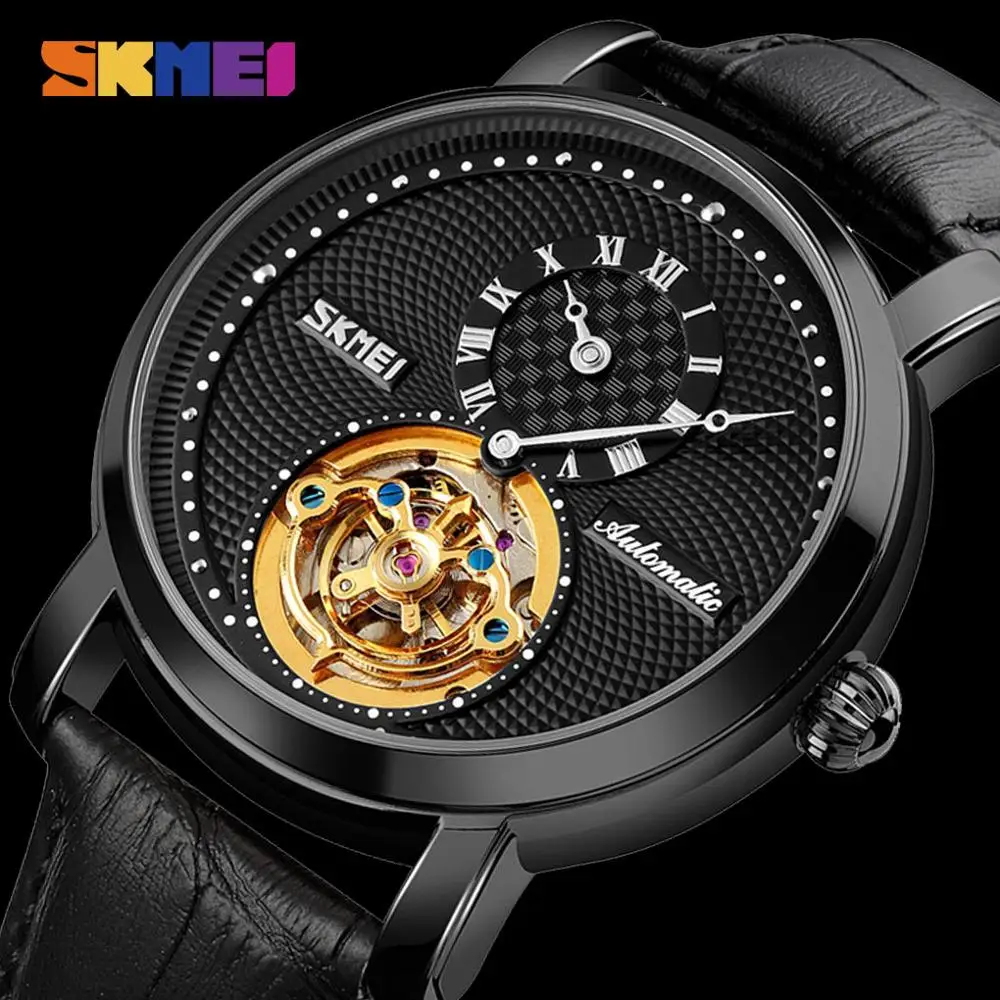 

SKMEI Elegant Mechanical Watches Mens Leather Strap Round Hollow Dial Men Business Wrist Watch Automatic Male Clock reloj hombre