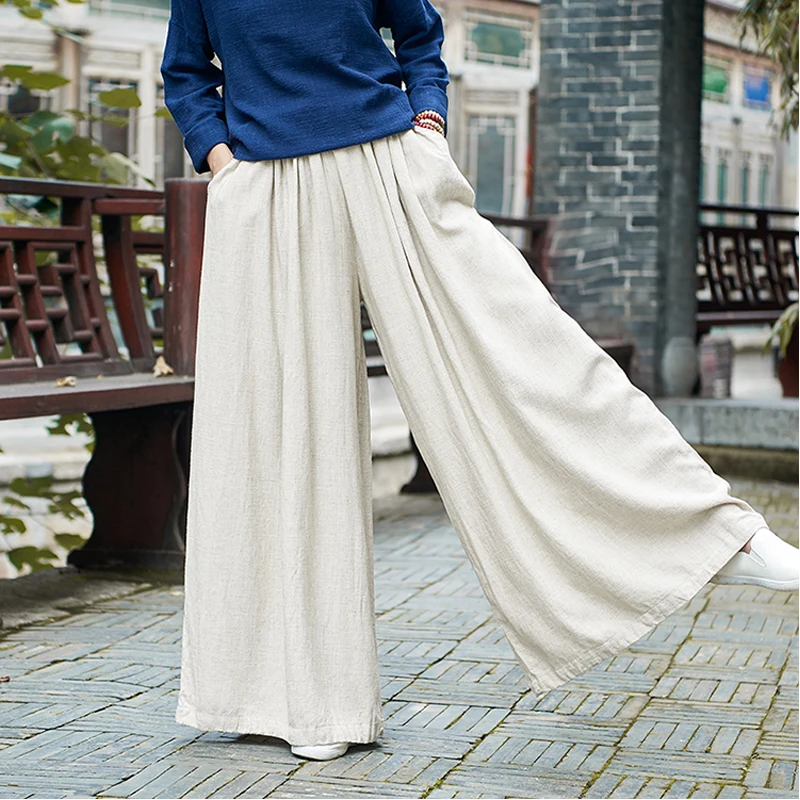 

Women Linen Wide Leg Pants Elastic Waist 2019 Autumn Winter New Pockets Plus Size Women Clothing Loose Vintage Trouser
