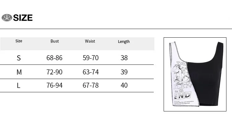 

Summer Women's Sleeveless Vest Personality Stitching Black and White Gothic Tops Fujiang Style Printed Dark Girl Vest