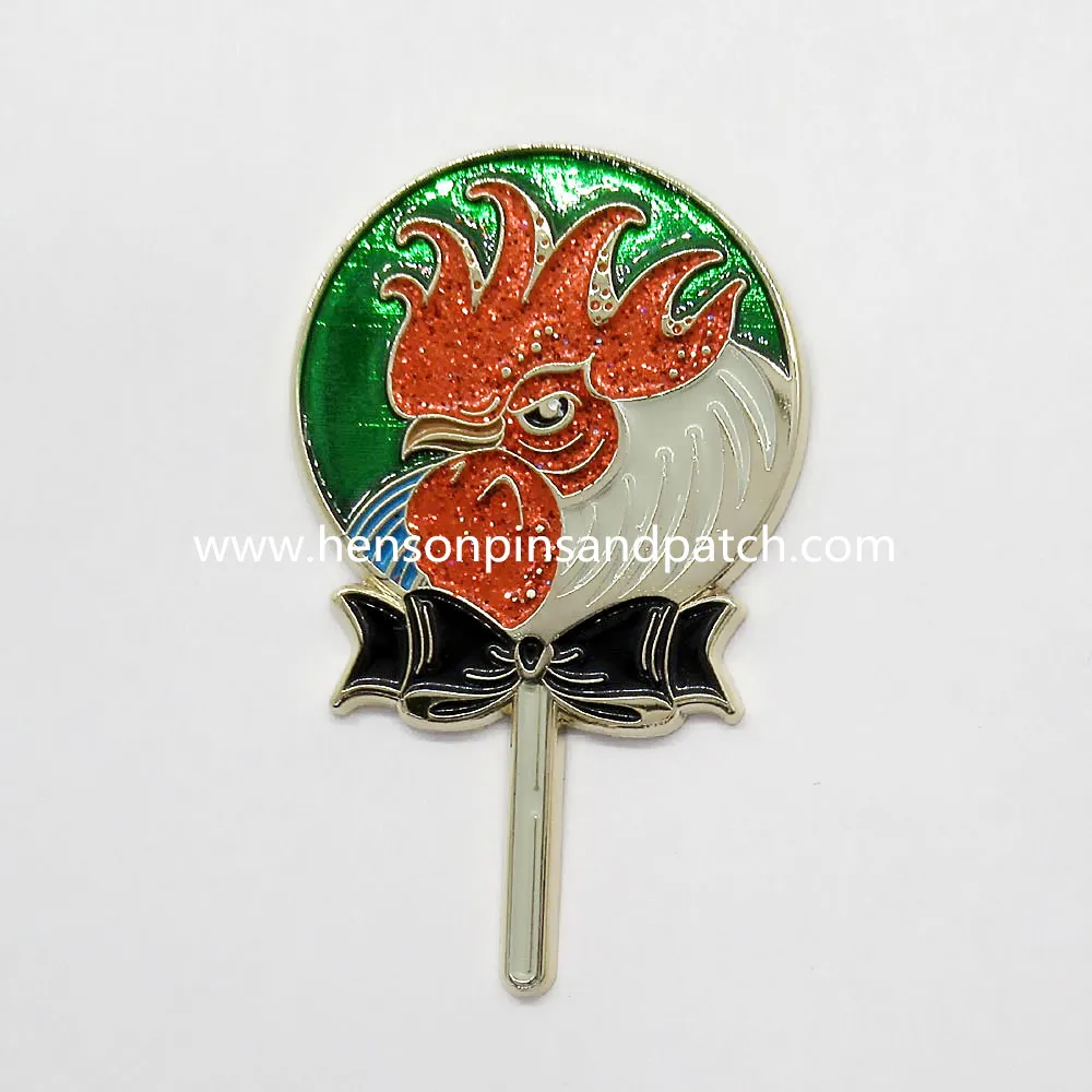 

custom soft enamel cut out cock glitter pin badge, rooster pin badge