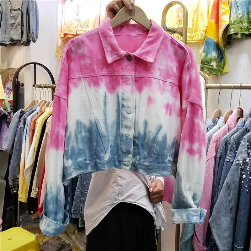 

Colorful Gradient Denim Jacket for Women 2021 Autumn New Loose Single-Breasted Short Coat Top Fashion Woman Crop Jackets Jeans