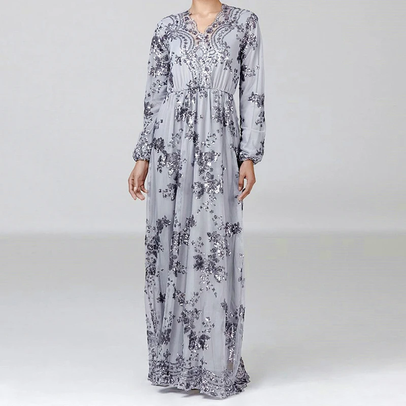 gray dress Sequin abaya Дубай турецкие платья мусульманское платье Абая для женщин хиджаб платье кафтан Турция Исламская одежда Кафтан Maroc Omani - Цвет: gray dress
