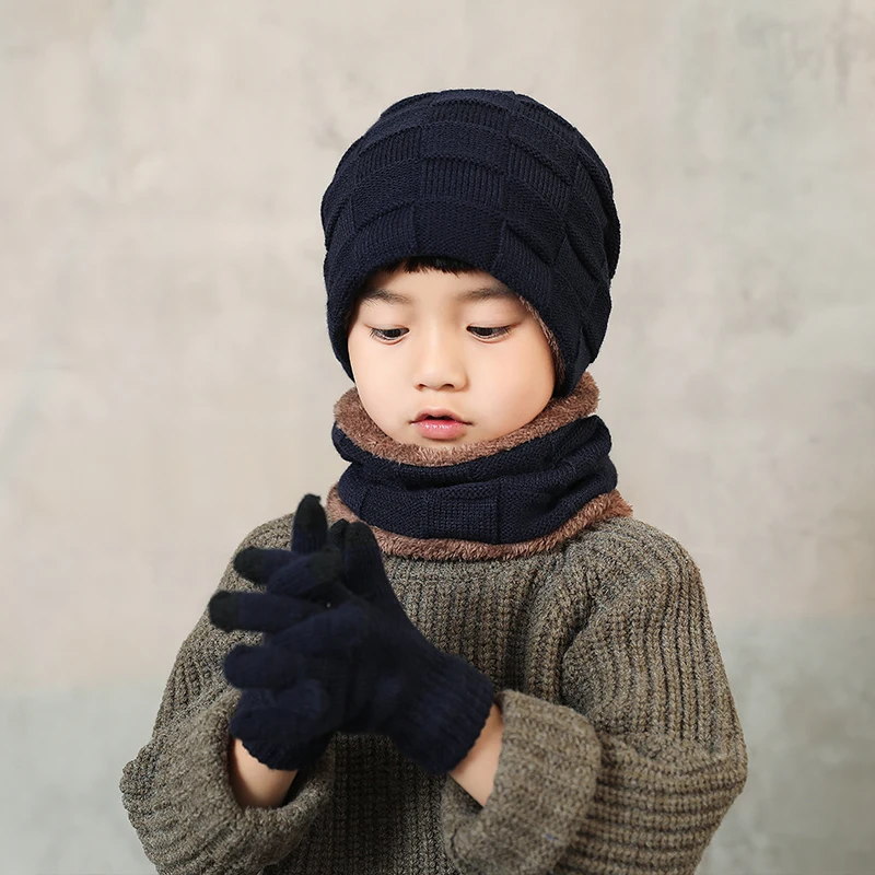 

children winter hat scarf glove set Plush warm knitted hat kids thicken wool Beanies Skull cap cycling Coldproof face neck hat