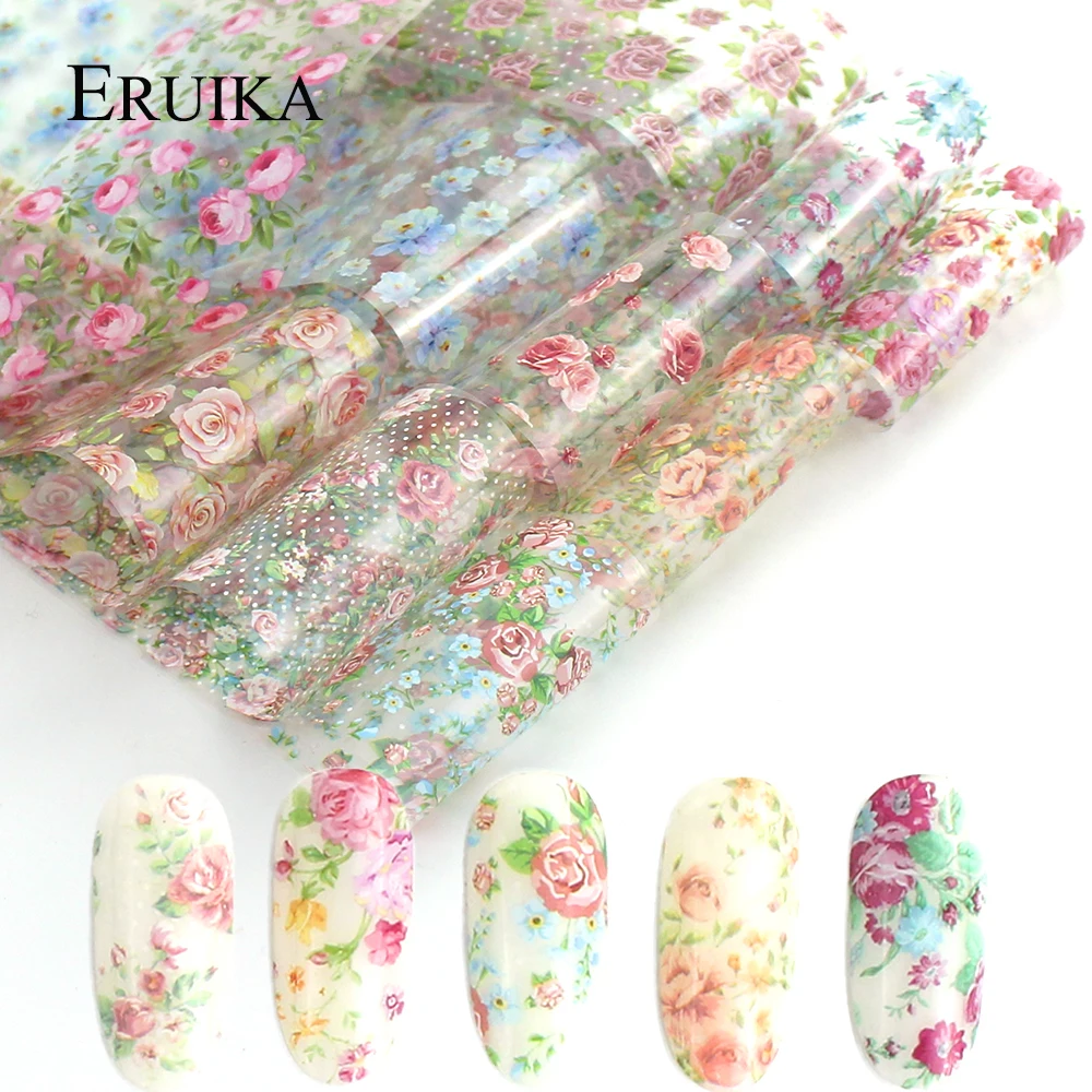 10pcs Rose Flowers Designs Transfer Foil Nail Foil for Manicure Sliders Nail Stickers Adhesive Nail art Decoration wraps