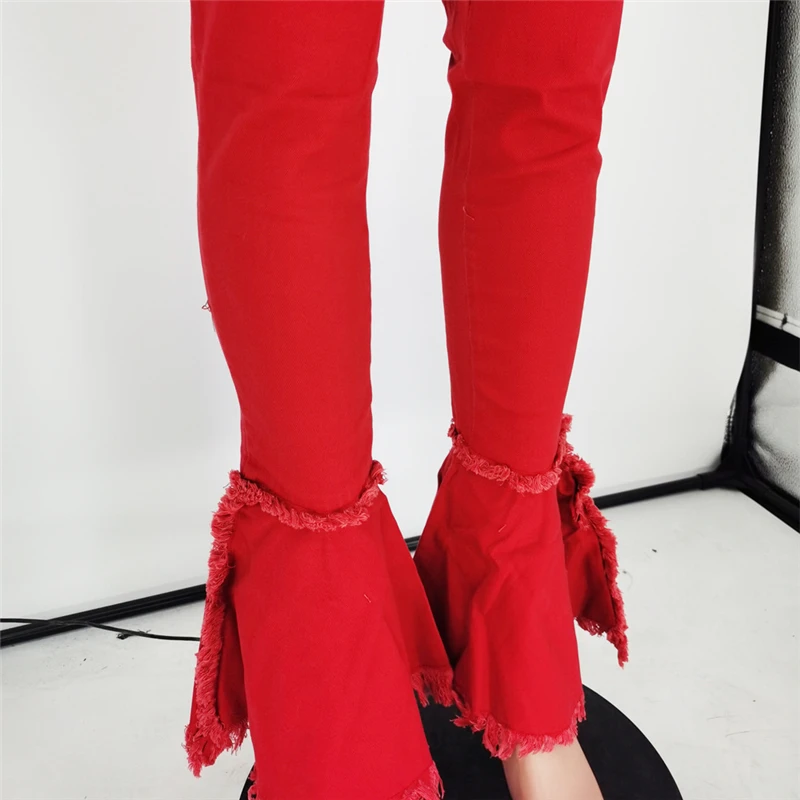 

Zoctuo Button Fly Ripped Jeans For Women Holes Tassel Ruffle Jeans Flare Pants For Women Bell Bottom Denim Trousers Fashion