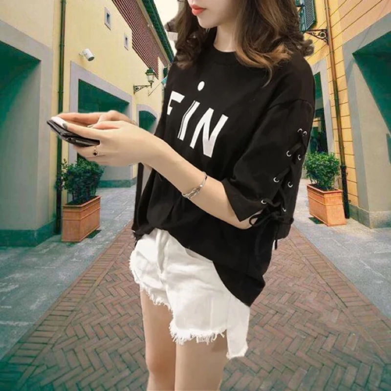 

T-shirts Women Hollow Bow Drawstring Decorative Letter Printing Tshirt Womens Streetwear Tops Soft High Quality New Design Tees