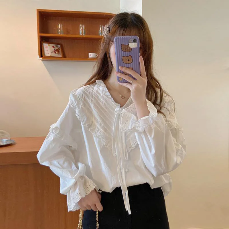 Korean 2021 Fall Women White Blouses Big Size Tie-up Lace T-Shirts Ladies Spring Long Sleeve Casual Loose Tops Camisas Mujer XL