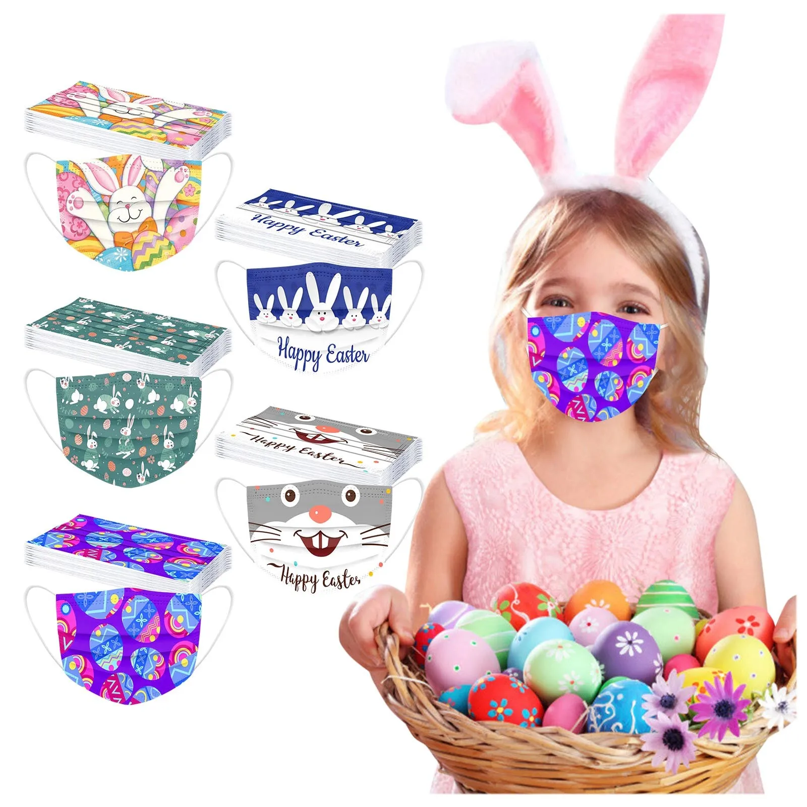 

50PCS Children's Happy Easter Protection 3 Layer Cartoon Disposable Face Mask Fashion Anti-Dust Face Mask Boutique Mask Health