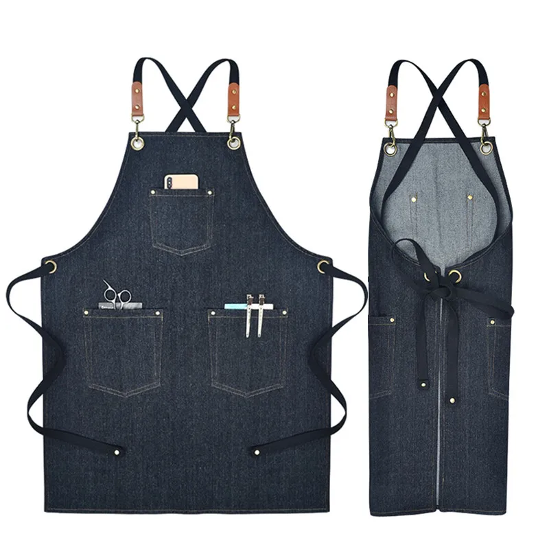 

Черный, синий джинсовый фартук с перекрещивающимися ремешками для парикмахеров, рабочая одежда для барменов, кафе, ресторанов, хлебобулочн...