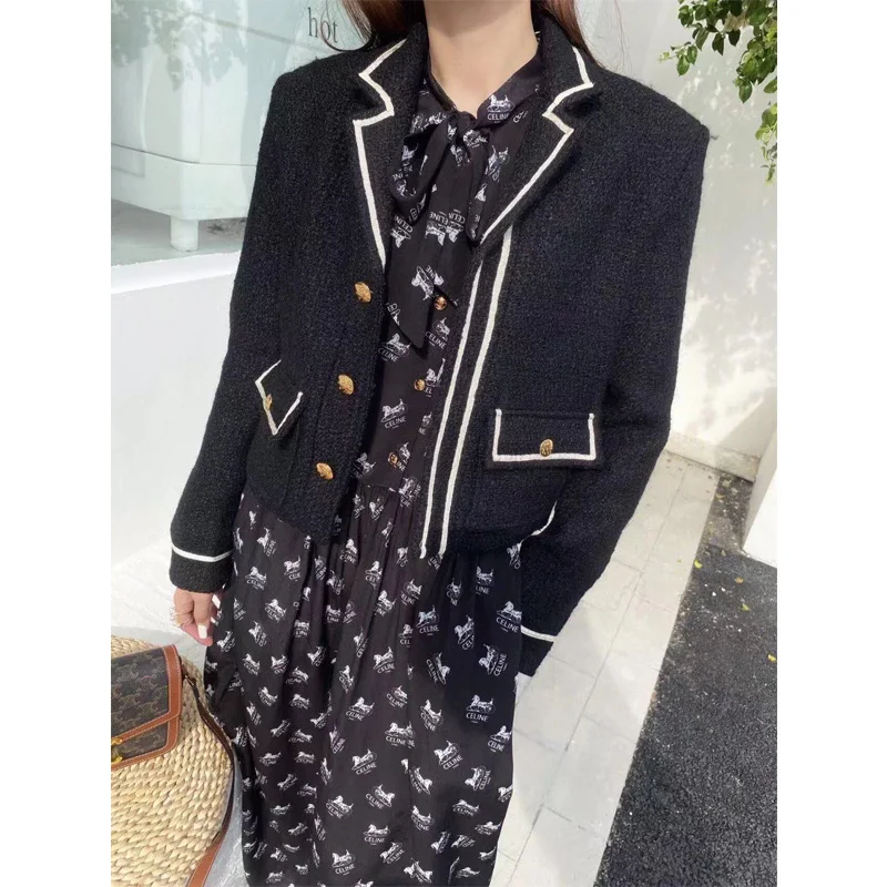 

2021 Autumn Winter Vintage Tweed Women High Street Long Sleeve Luxury Brand Elegant Color-Blocked Striped Coat Traf Jackets Ropa