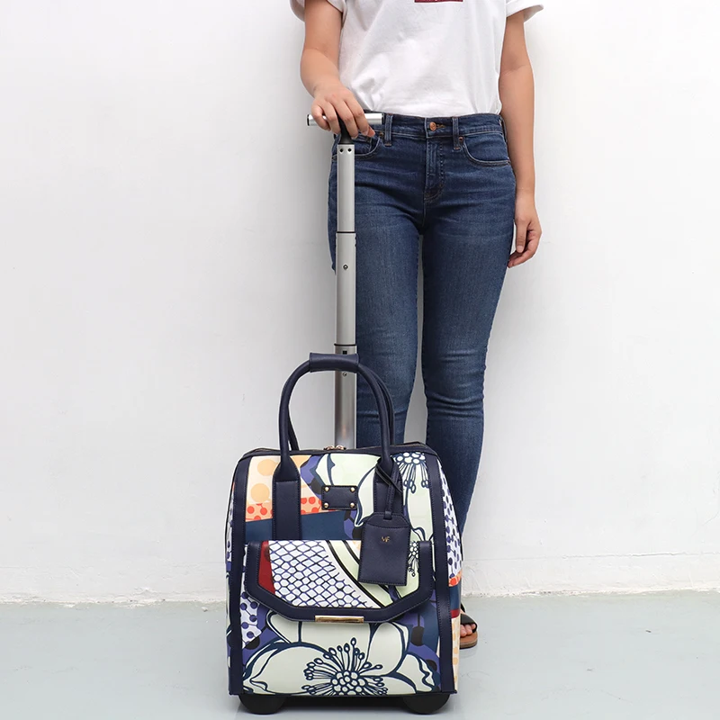 SC Women Beauty Travel Suitcase Case on Wheeled Carry Flight Hand Pattern Leather Girl Trolley Rolling Laptop Pocket Luggage