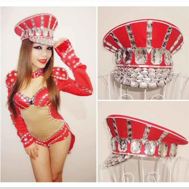 

Ds Costume Bling Baby Hats Sparkling Diamond Police Cap Rhinestone Red Military Hat Army Hat Military Cap Chapeau Homme Ete 2020