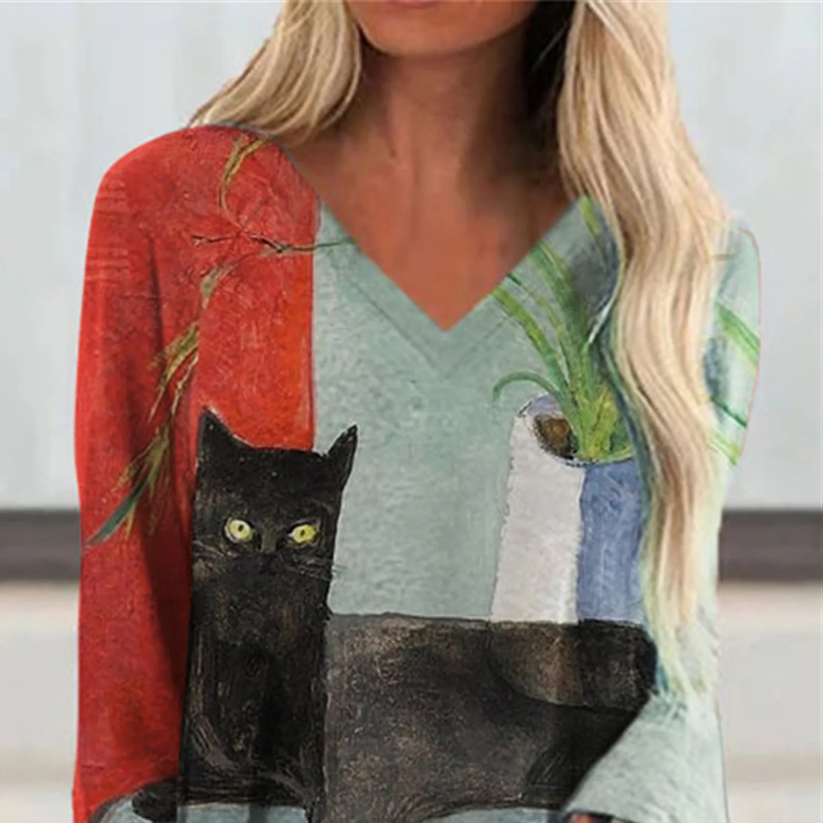 

Fashion Causal Plus Size Women Clothing Leisure Print Long Sleeve V- Neck Casual Blouse Women Blusas Mujer