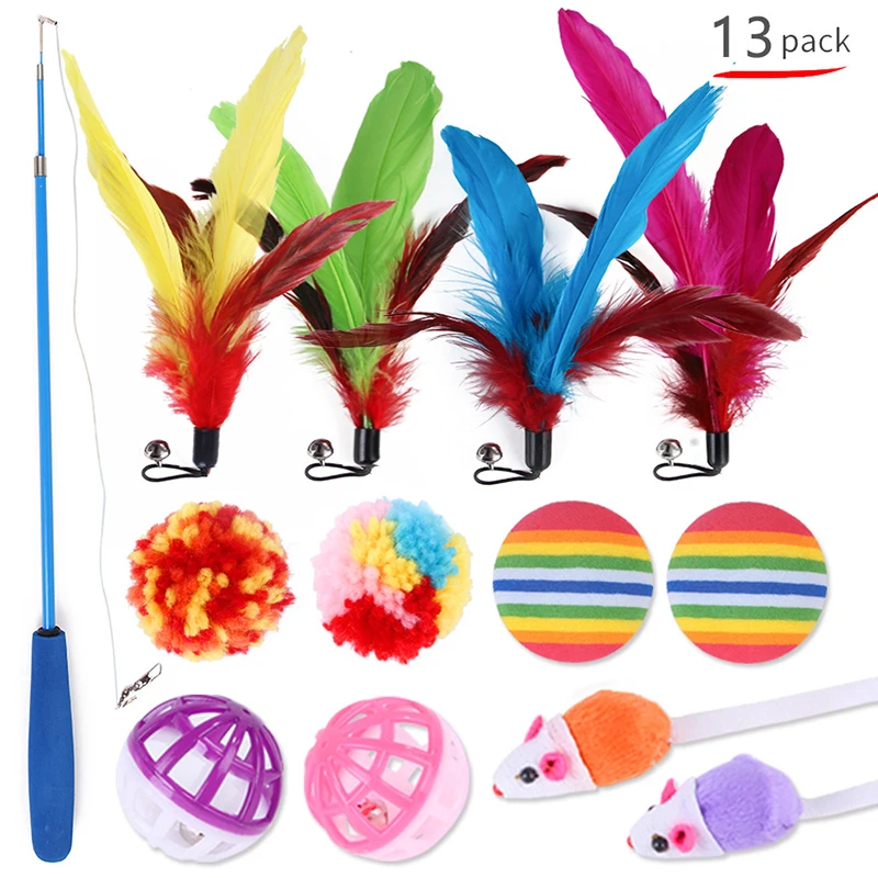 

Pets Accessories Replacement Heads Set Cat Toy 13pcs Play Wand Teaser Bell Funny Cat Stick Interactive Toys Stretch Fishing Rod