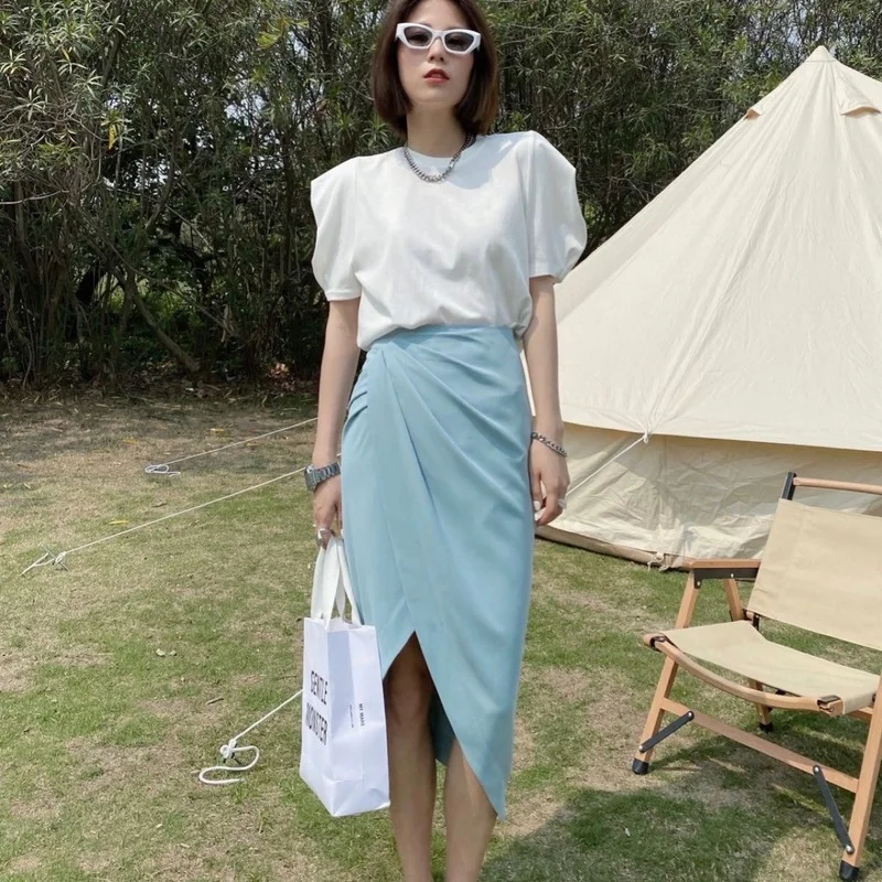 

2021 Spring Summer Korean Temperament Skirts Women Solid Asymmetrical Design Female High Waist Thin Slim Skirt Office Lady Wears