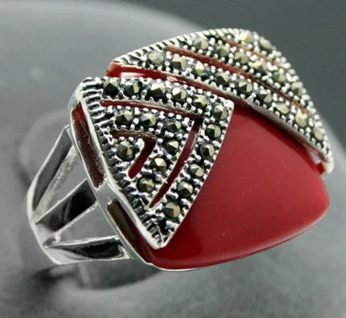 

NEW Noble Red Carved Lacquer Marcasite 925 Sterling Silver Square Ring(#7-10) Earrings & Pandent jewelry sets