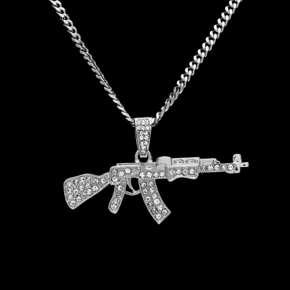 Fashion Punk Hip-Hop Gun Shape Pendant For Women Men Rapper Crystal Rhinestone Chain Necklace Creative Jewelry Colgante Hombre | Украшения