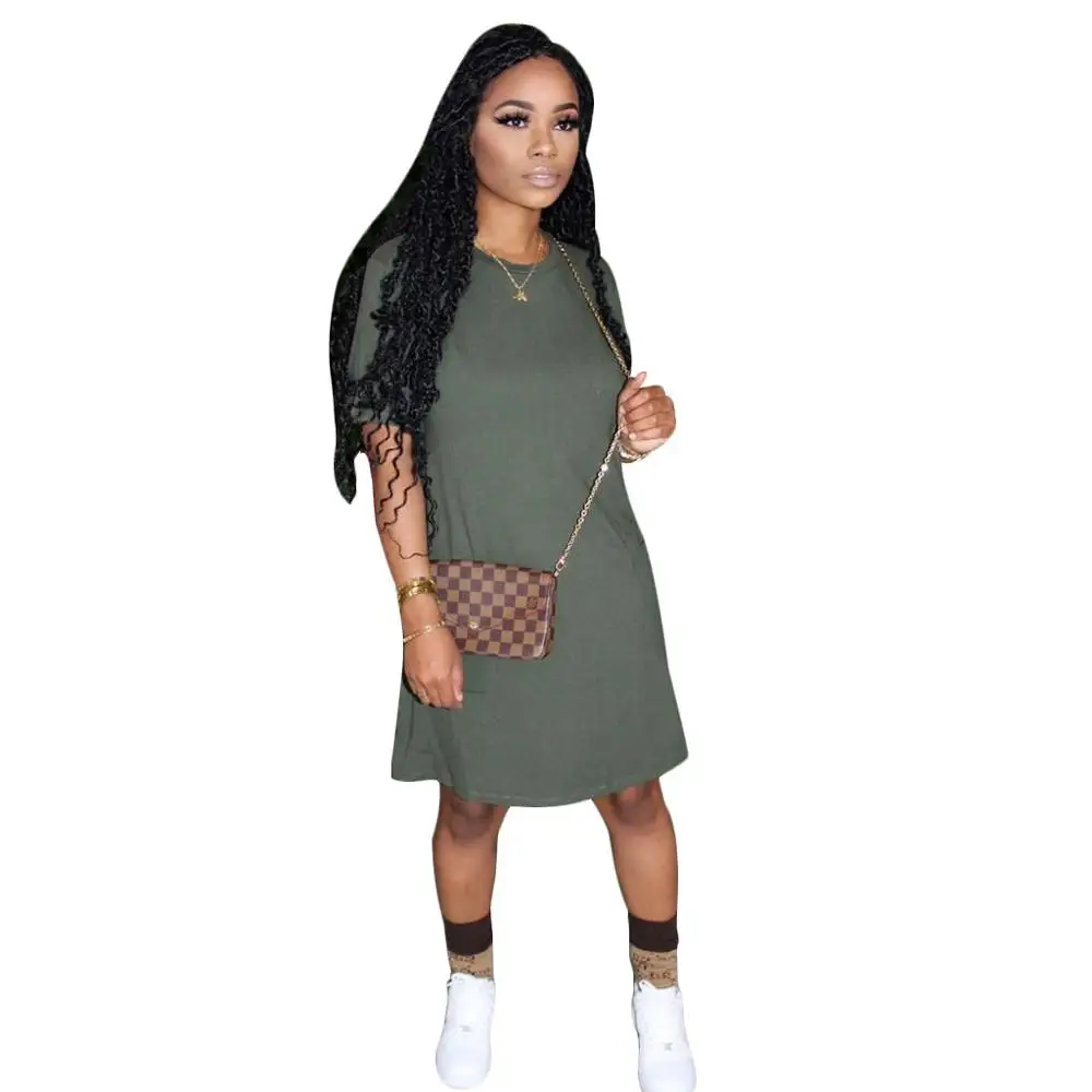 

Casual summer dress round neck solid color loose pocket T-shirt dress ladies fashion home dress
