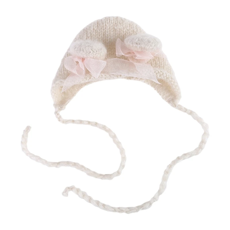 W3JF Newborn Photography Props Cute Crochet Mohair Hat Baby Bowknot Knitted Beanies Cap Infants Photo Shooting Accessories Gift | Детская