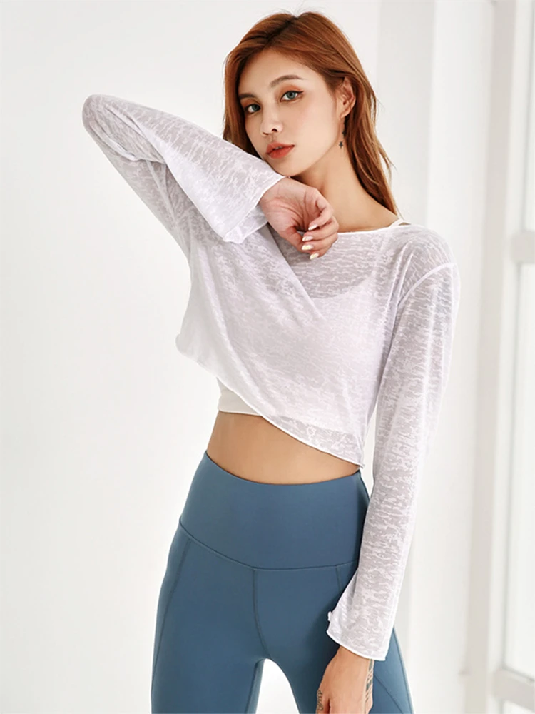 Oyoo прозрачный кроп-Топ с длинным рукавом Женская легкая спортивная женская