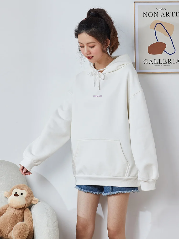 Hooded Sweater Women's Autumn and Winter Fleece-Lined Thick Loose Korean Style White Top Trendy Coat