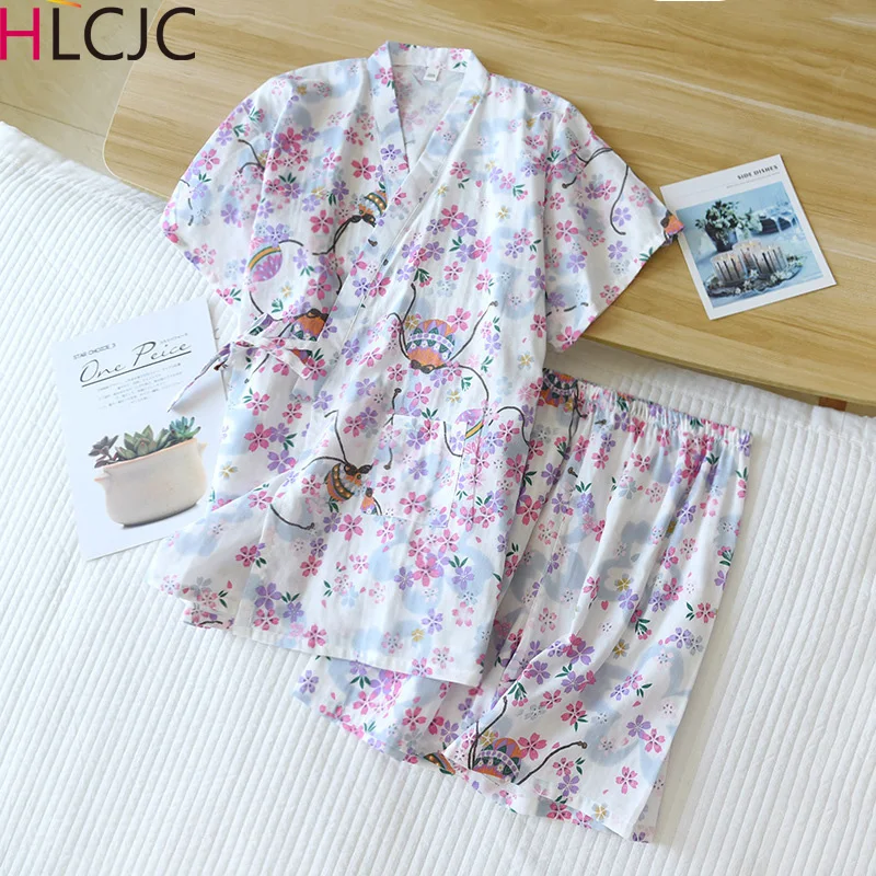 

Japanese Simple Short Pyjamas Women 100% Cotton Gauze Short Sleeves Ladies Pajama Sets Shorts Cute Cartoon Sleepwear Homewear
