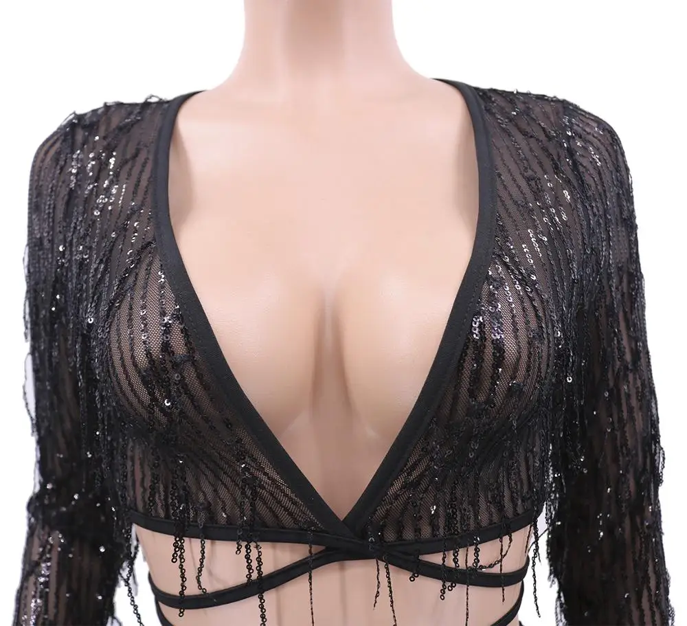 2019 осенние комплекты из двух предметов сетчатые расшитые блестками с кисточками