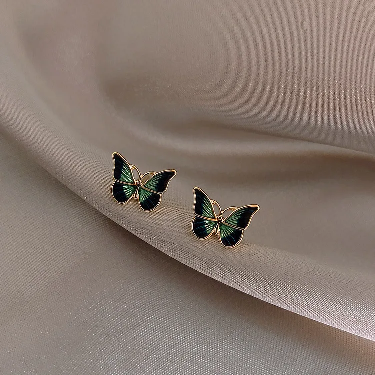 

TAFREE Oil Painting Green Butterfly Alloy Small Stud Earrings Handmade Charm Women Girl Trendy Simple Ear Studs Jewelry C625