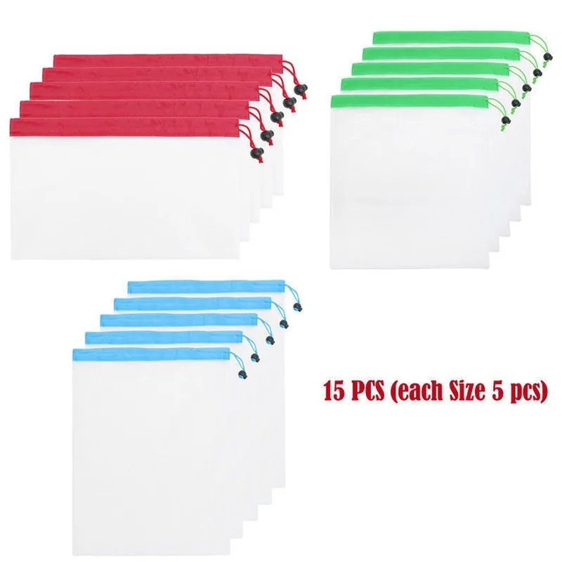 

15pcs Eco Friendly Washable Mesh Produce Bags for Grocery Shopping Storage Reusable Fruit Vegetable Kitchen Storage