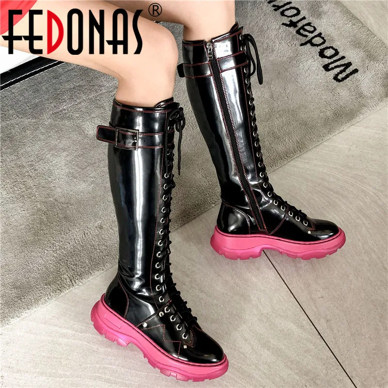 FEDONAS/женские сапоги до колена из натуральной кожи в стиле панк зимние теплые для