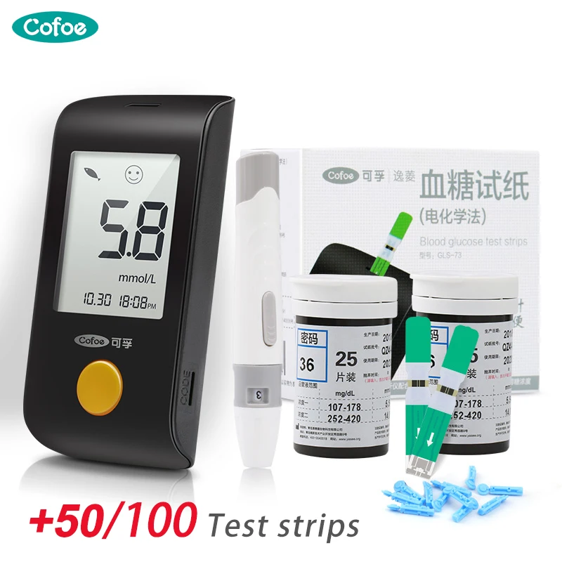 

Cofoe mmol/L глюкометр и тест-полоски и скарификатор; Сахар в крови обнаружения медицинский измеритель уровня глюкозы в крови