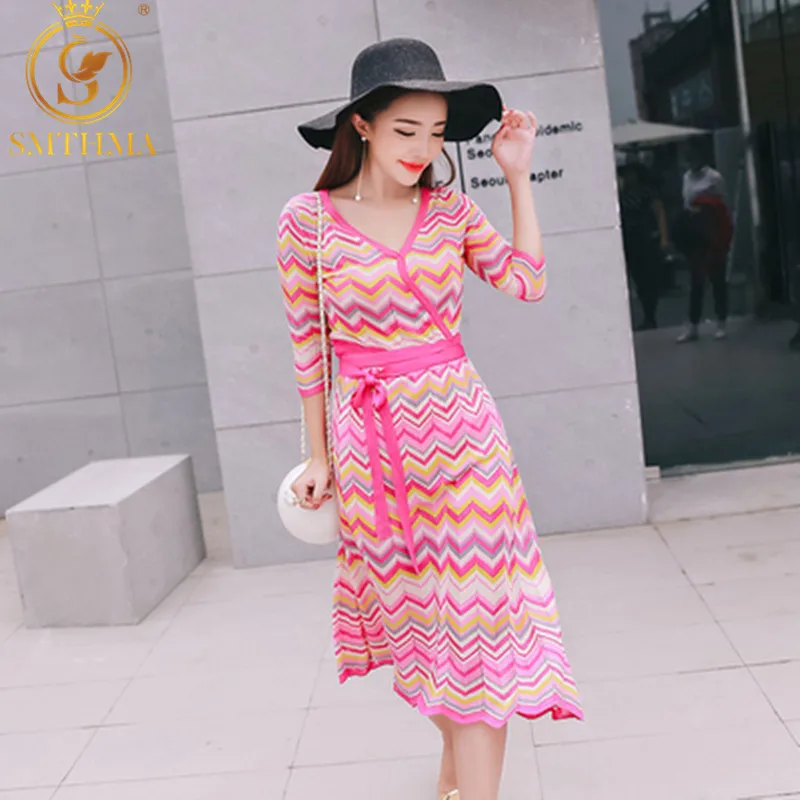 Повседневное цветное женское вязаное платье модное трикотажное высокого