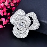 angelcz luxury wedding big flower brooches for women fashion cz crystal silvery rose brooch pins dress jewelry accessories bp017