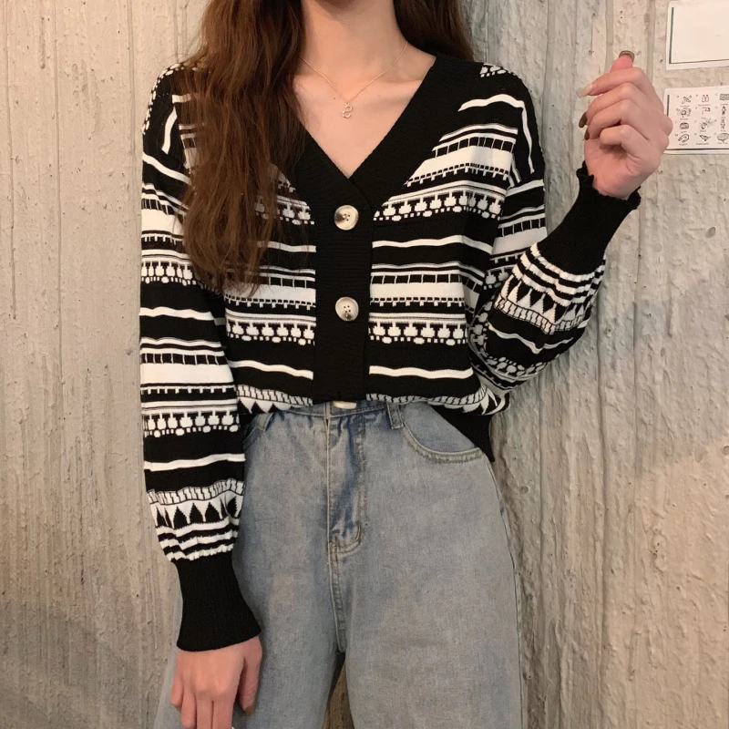 

Jersey Mujer Print Long Sleeve Women Sweater Spring Autumn Korean Style Knit Cardigan Women Loose V-Neck Open Stitch Pull Femme